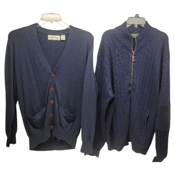 2 Lot Men's Orvis Sweaters Grandpa Cardigan Cashmere Wool Navy Elbow Patch sz L - Picture 1 of 10